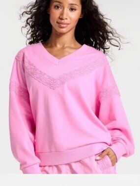 JoyLab Women's Pink V-Neck Lace-Trim Pullover Sweater